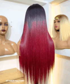 Bone Straight 5×5 Lace Closure Wigs Ombre Red Cherry Color 22 inches
