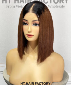 Bone Straight 2x4 Lace Frontal Wigs Black Roots Brown Color 10 inches