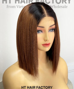 Bone Straight 2x4 Lace Frontal Wigs Black Roots Brown Color 10 inches