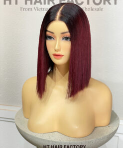 Bone Straight 2x6 Lace Frontal Wigs Dark Roots Red Cherry Color 12 inches
