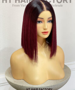 Bone Straight 2x6 Lace Frontal Wigs Dark Roots Red Cherry Color 12 inches