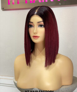 Bone Straight 2x6 Lace Frontal Wigs Dark Roots Red Cherry Color 12 inches
