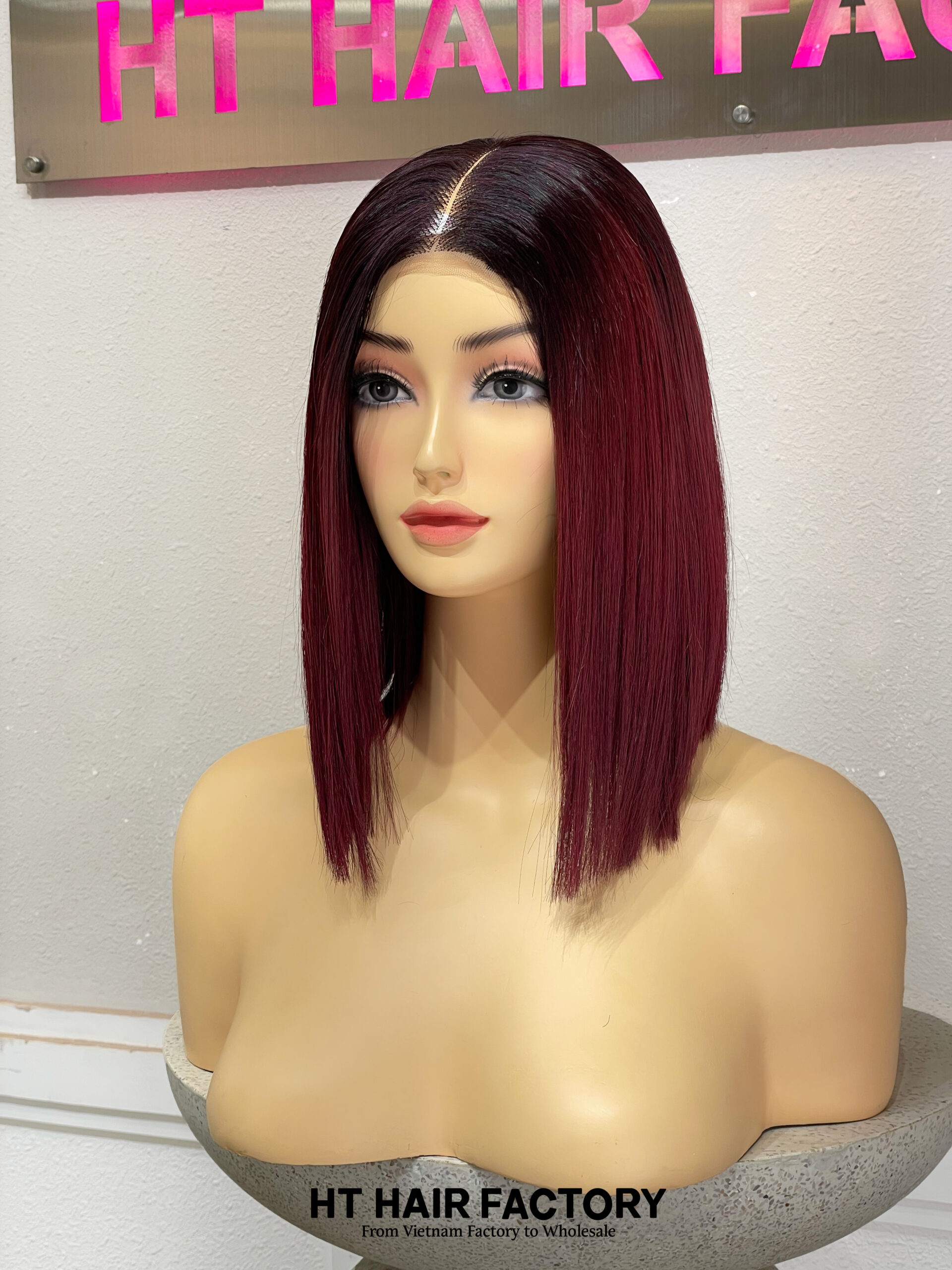 Bone Straight 2x6 Lace Frontal Wigs Dark Roots Red Cherry Color 12 inches