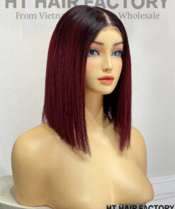 Bone Straight 2x6 Lace Frontal Wigs Dark Roots Red Cherry Color 12 inches
