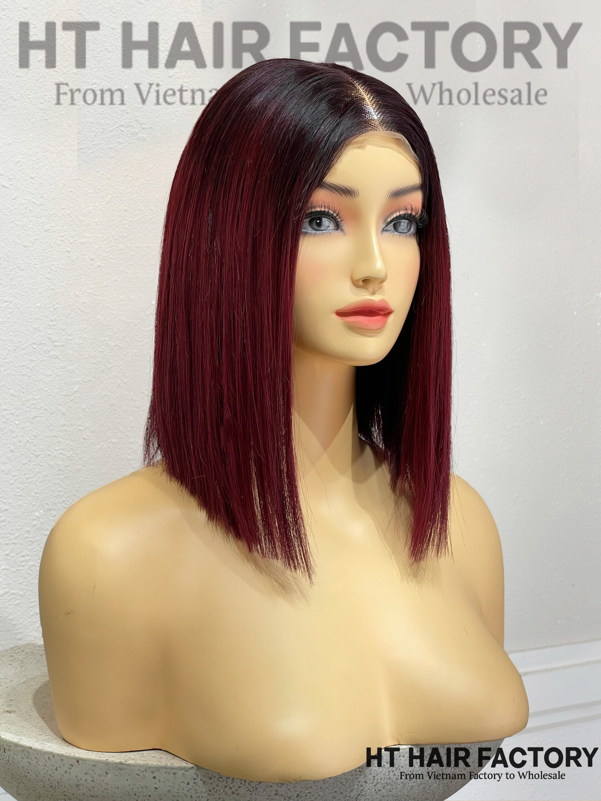 Bone Straight 2x6 Lace Frontal Wigs Dark Roots Red Cherry Color 12 inches