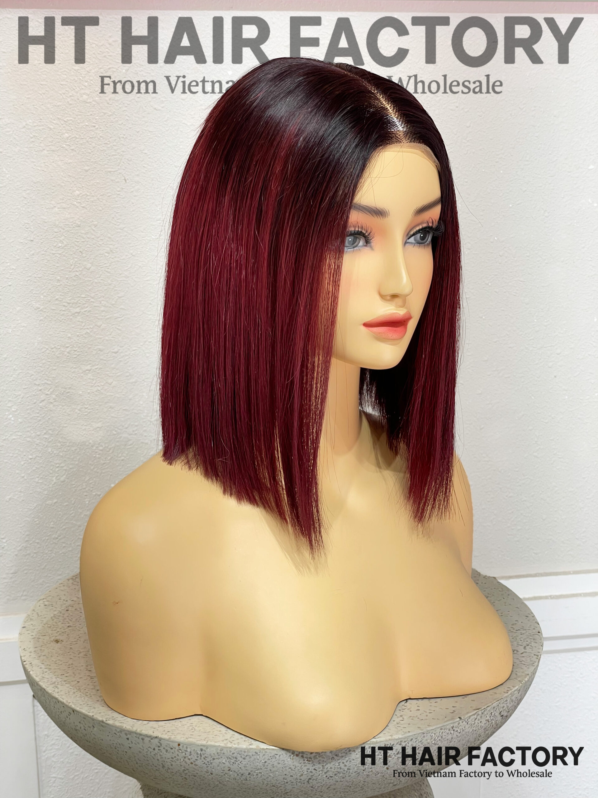 Bone Straight 2x6 Lace Frontal Wigs Dark Roots Red Cherry Color 12 inches