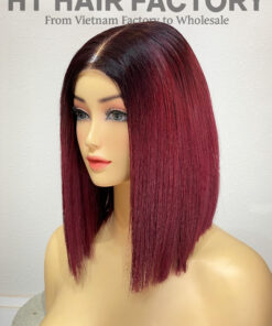 Bone Straight 2x6 Lace Frontal Wigs Dark Roots Red Cherry Color 12 inches