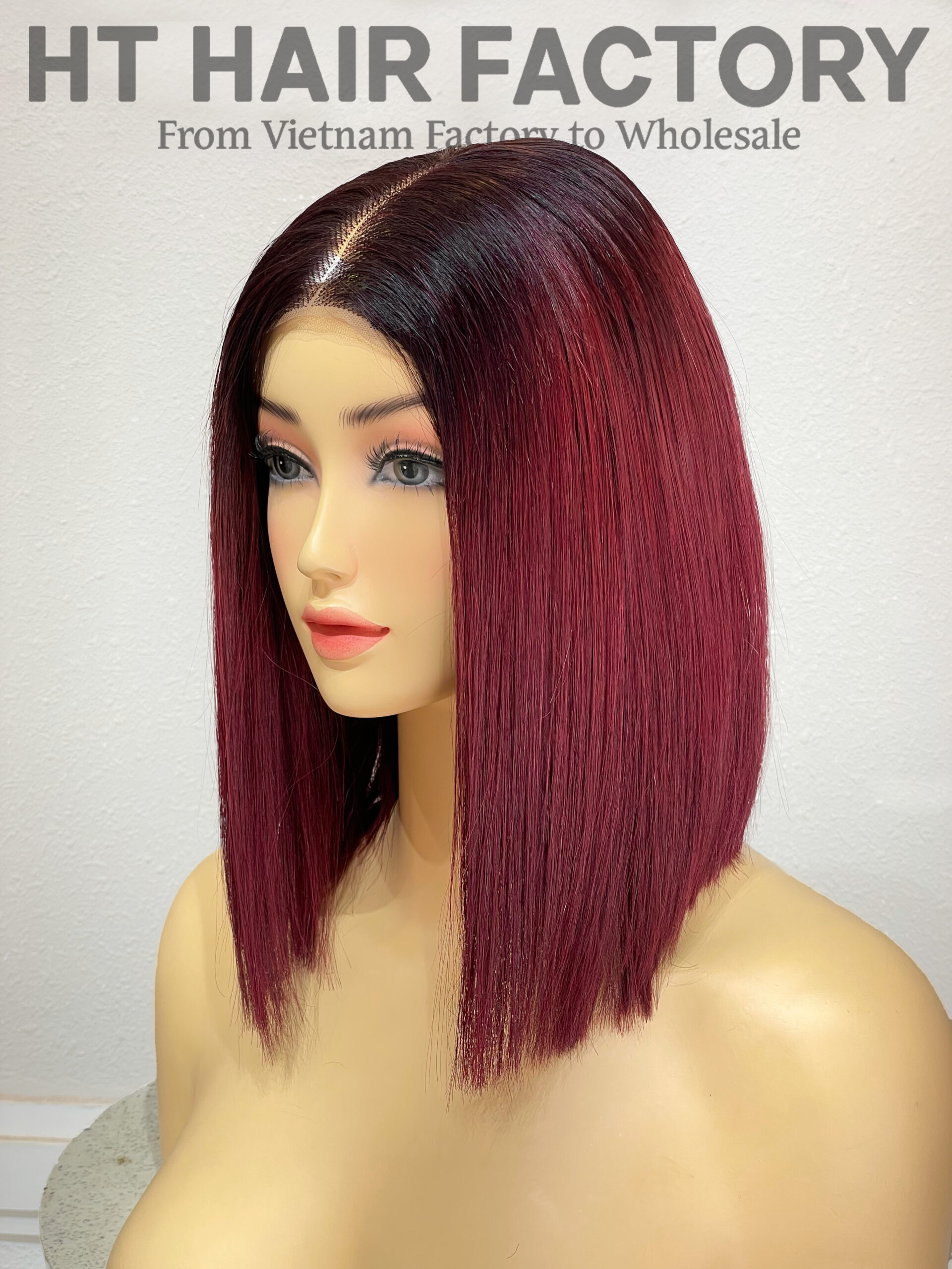 Bone Straight 2x6 Lace Frontal Wigs Dark Roots Red Cherry Color 12 inches